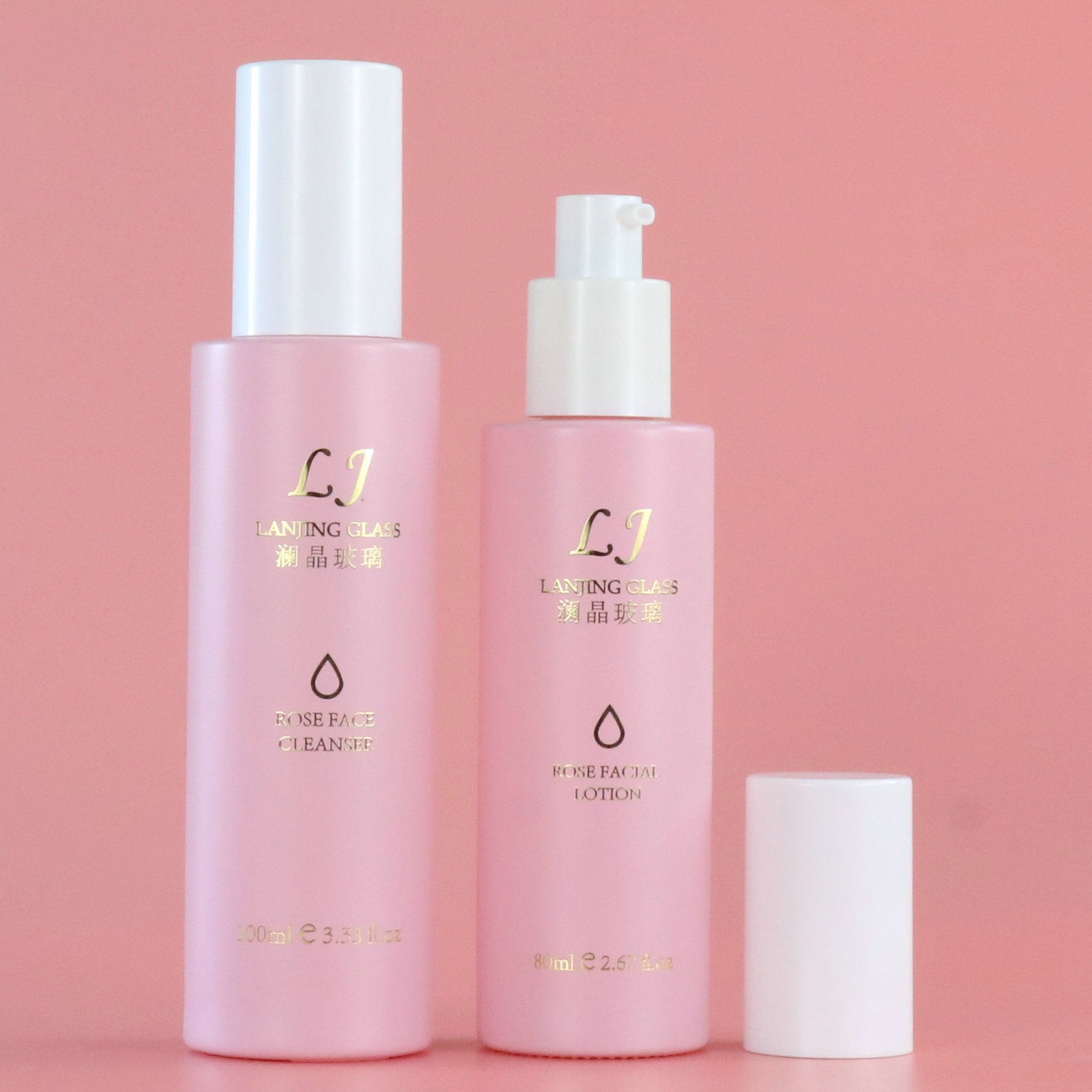 Luxury 120ml 100ml empty pink round frosted bottle glass skincare pump cosmetic packaging