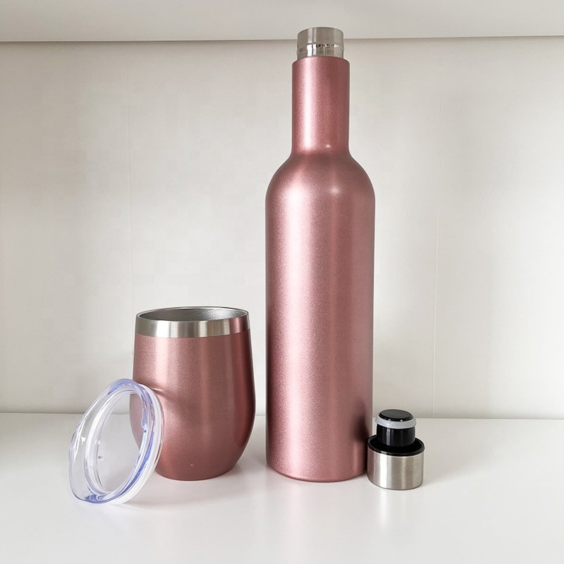 Rose Gold Personalized Travel Mug Gift Set Stainless Steel Double Wall Vacuum Insulated 25oz Wine Bottle & 12oz Wine Glass Set