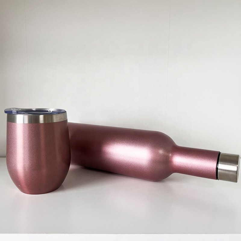 Rose Gold Personalized Travel Mug Gift Set Stainless Steel Double Wall Vacuum Insulated 25oz Wine Bottle & 12oz Wine Glass Set