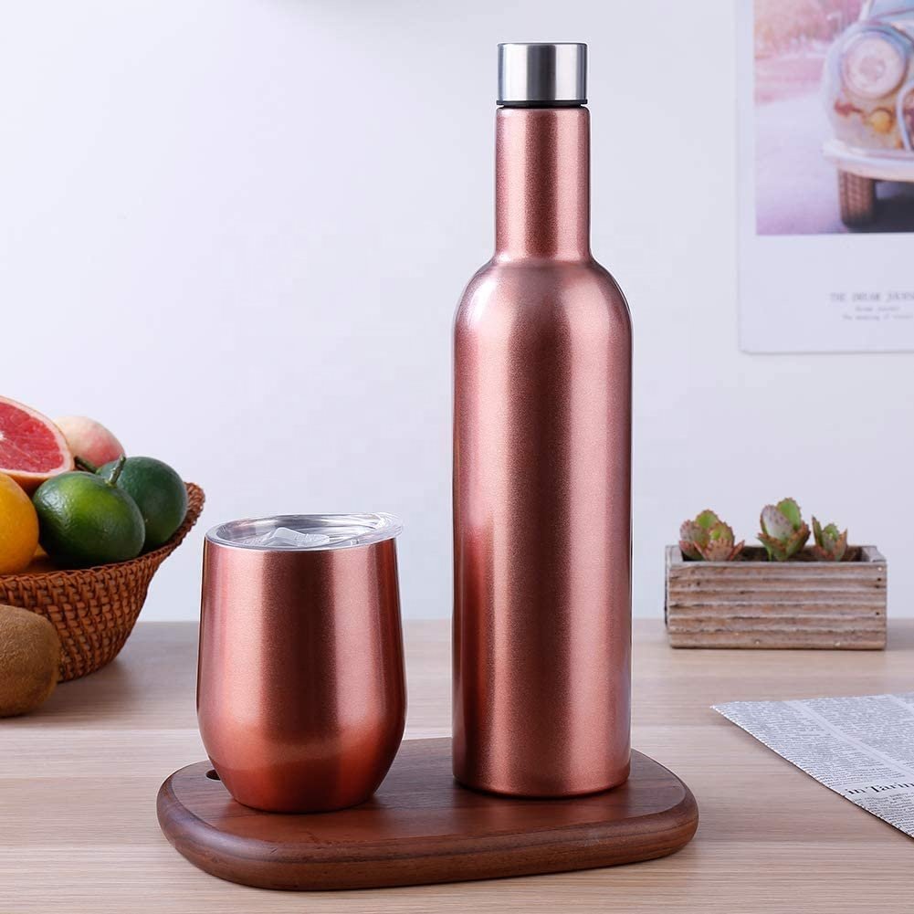Rose Gold Personalized Travel Mug Gift Set Stainless Steel Double Wall Vacuum Insulated 25oz Wine Bottle & 12oz Wine Glass Set