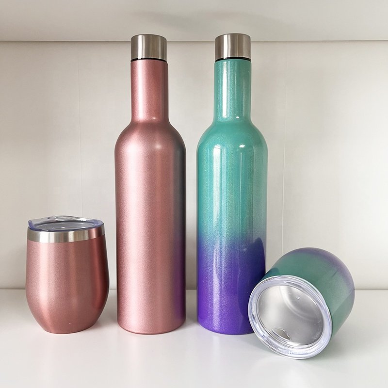 Rose Gold Personalized Travel Mug Gift Set Stainless Steel Double Wall Vacuum Insulated 25oz Wine Bottle & 12oz Wine Glass Set