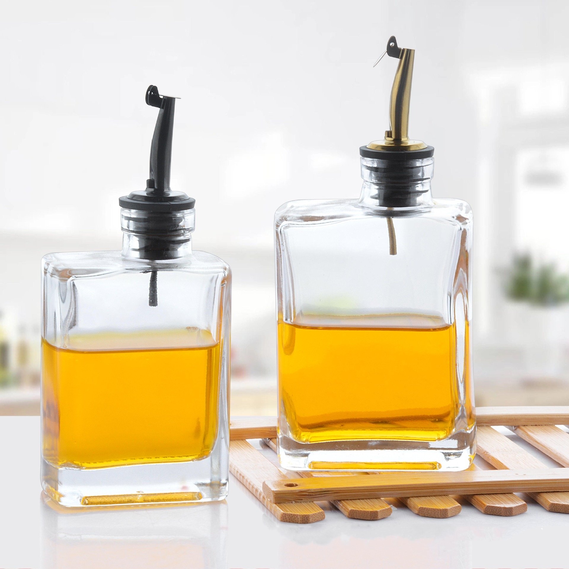 Wholesale square glass bottle 350ml 500ml olive oil bottle dispenser with Pourers