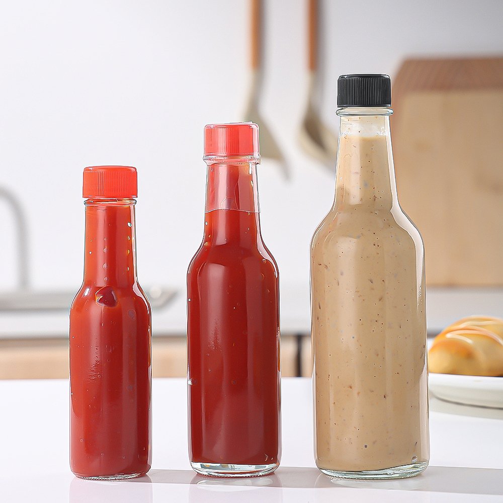 Wholesale 3oz 5oz 8oz Clear Empty Condiments Hot Sauce Chilli Ketchup Glass Bottle with Plastic Lid