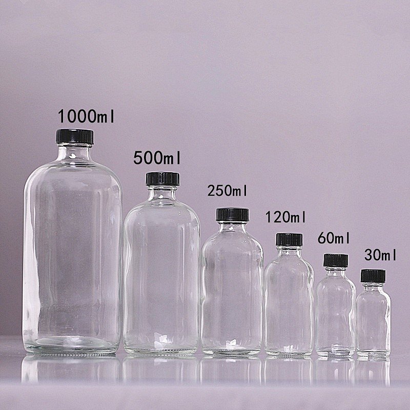 Whole 15ml 30ml 60ml 100ml 120ml 230ml 250ml 500ml 1000ml Boston Round Blue Amber essential oil Glass Bottles With Screw Cap