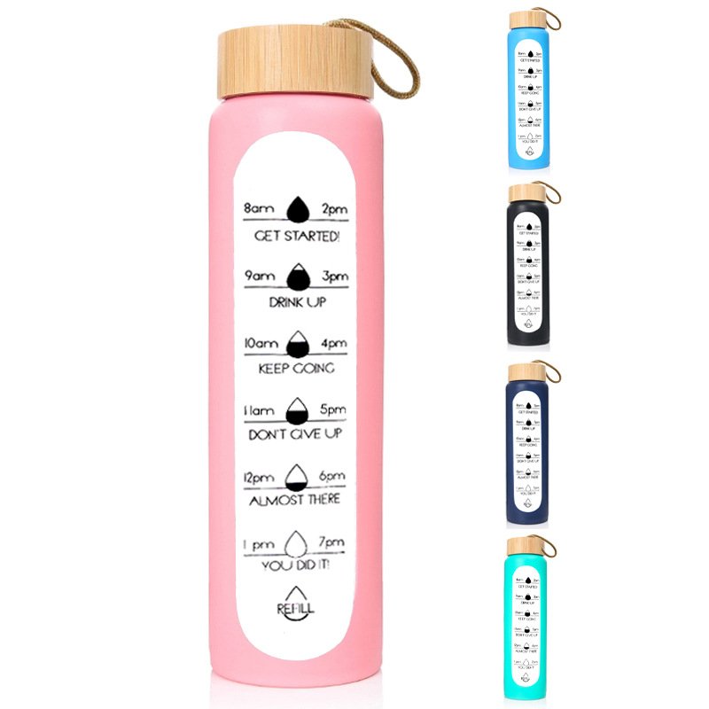 Hot Selling Custom Motivational Time Marker 1000ml 32oz Glass Water Bottle with Silicone Sleeve Minimalist Glass Cup Drinkware