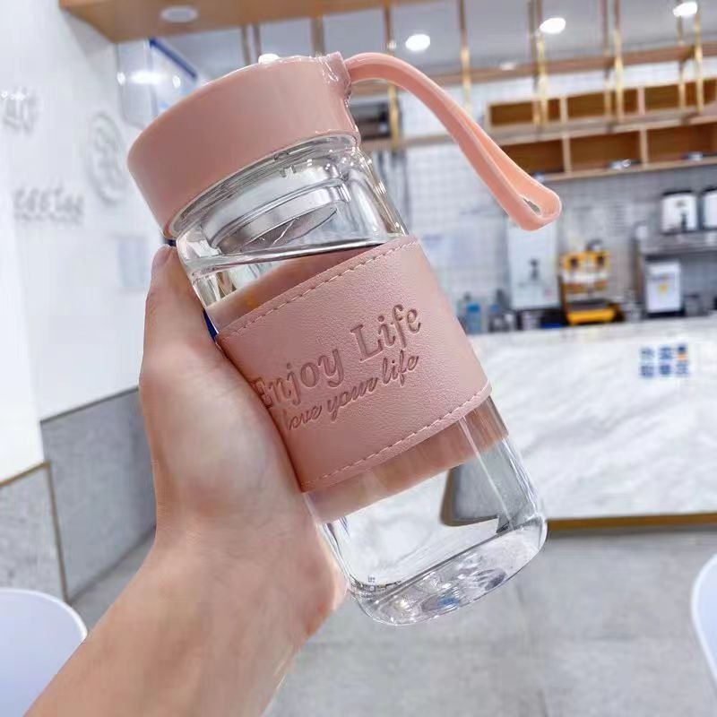 wholesale 350/450ml clear borosilicate glass water bottle custom logo plain eco portable drinking cup with silicone sleeve