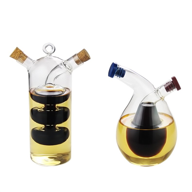 double use 2 in 1 oil & vinegar dispenser cruet bottle with cork stoppers hand blown glass Glass Caster Oil and Vinegar Bottles