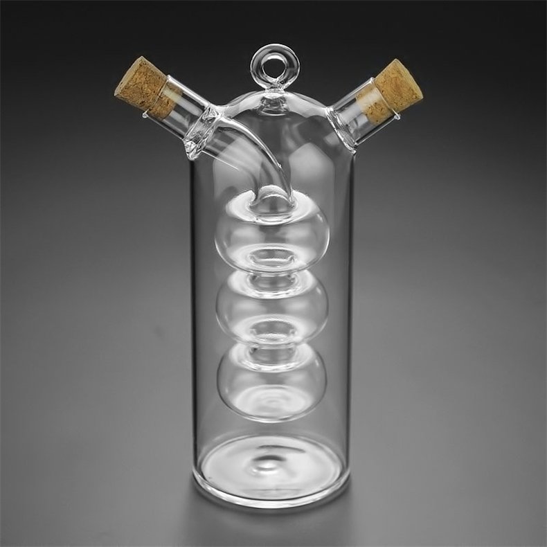 double use 2 in 1 oil & vinegar dispenser cruet bottle with cork stoppers hand blown glass Glass Caster Oil and Vinegar Bottles