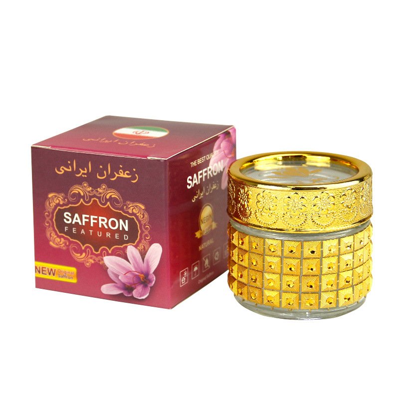 Custom Logo Gilde Iran 5g Saffron Glass Container 10g Zaffron Luxury Gold Glass Round Bottle