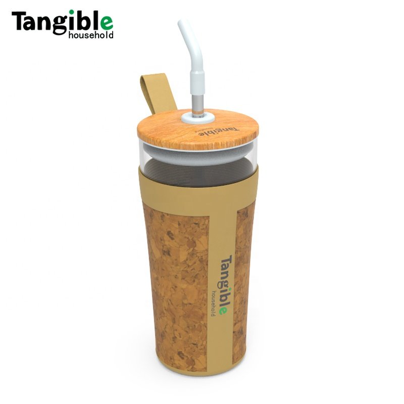 Customized 24oz high quality glass boba tea cup with bamboo lid cork sleeve new design