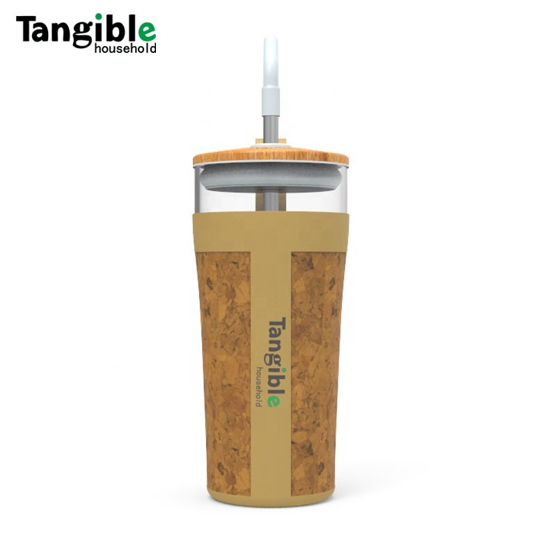 Customized 24oz high quality glass boba tea cup with bamboo lid cork sleeve new design