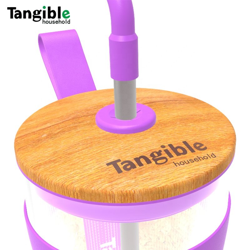 Customized 24oz high quality glass boba tea cup with bamboo lid cork sleeve new design