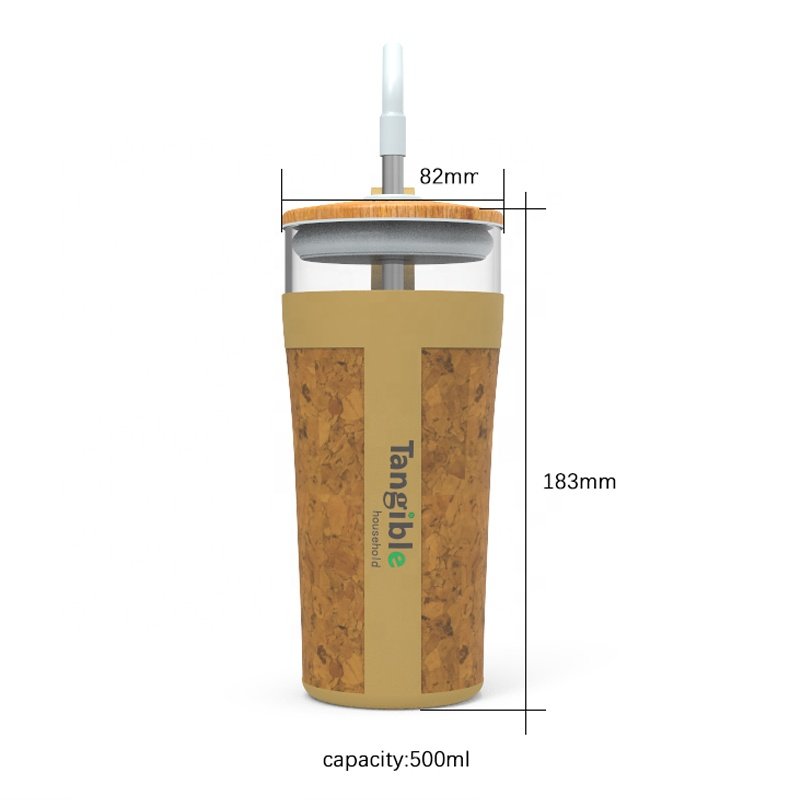 Customized 24oz high quality glass boba tea cup with bamboo lid cork sleeve new design