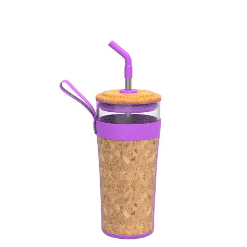 Customized 24oz high quality glass boba tea cup with bamboo lid cork sleeve new design