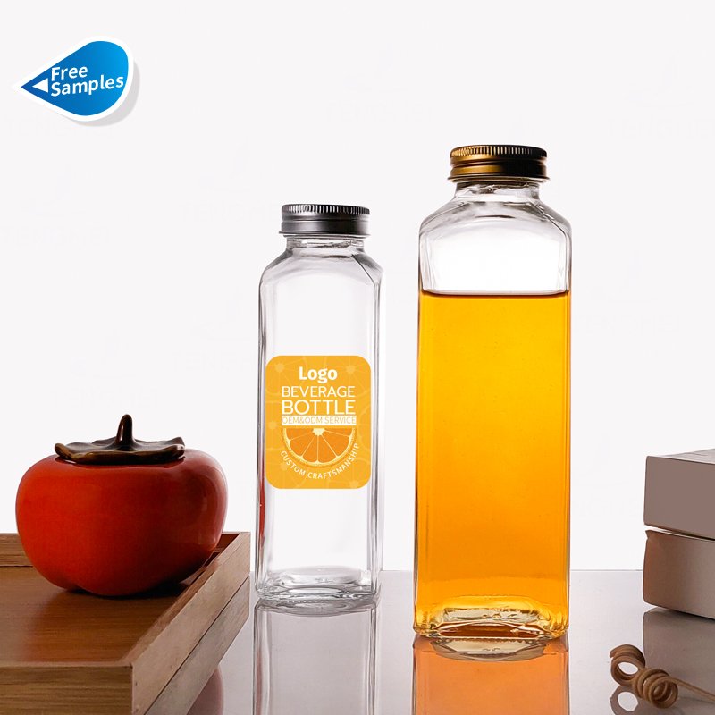 8oz 12oz 16oz 250ml 350ml 500ml Clear French Beverage Square Glass Bottle Cold Press Fruit Juice Bottles With Airtight Screw Cap
