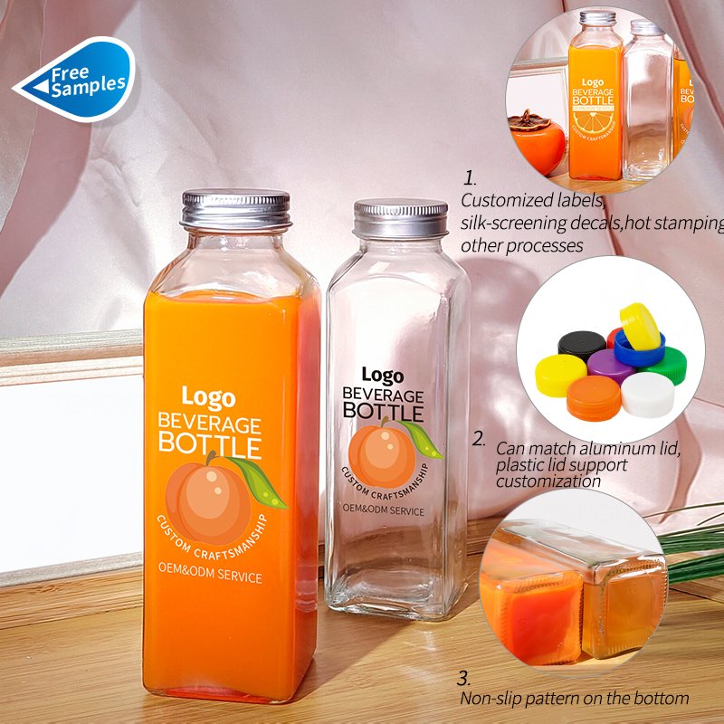 8oz 12oz 16oz 250ml 350ml 500ml Clear French Beverage Square Glass Bottle Cold Press Fruit Juice Bottles With Airtight Screw Cap