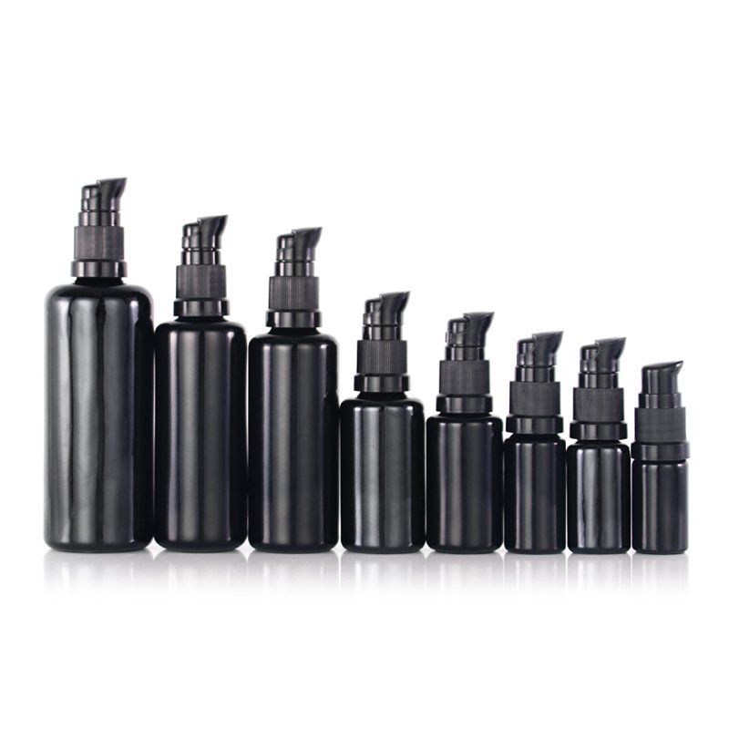 In Stock Manufacturers Black Glass Bottle Black Glass Pump Bottle Purple Glass Bottle and Jar Round Shoulder