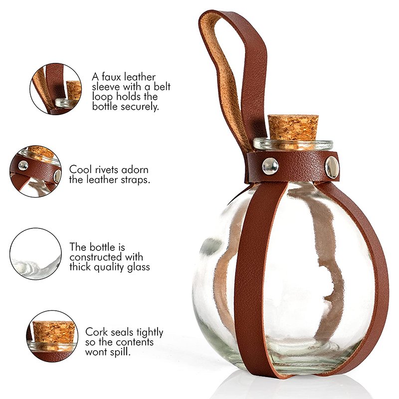 Halloween Cosplay Dark Magic Cork Potion Bottle Spherical Glass Bottle with Leather Belt Magic Potion Bottle