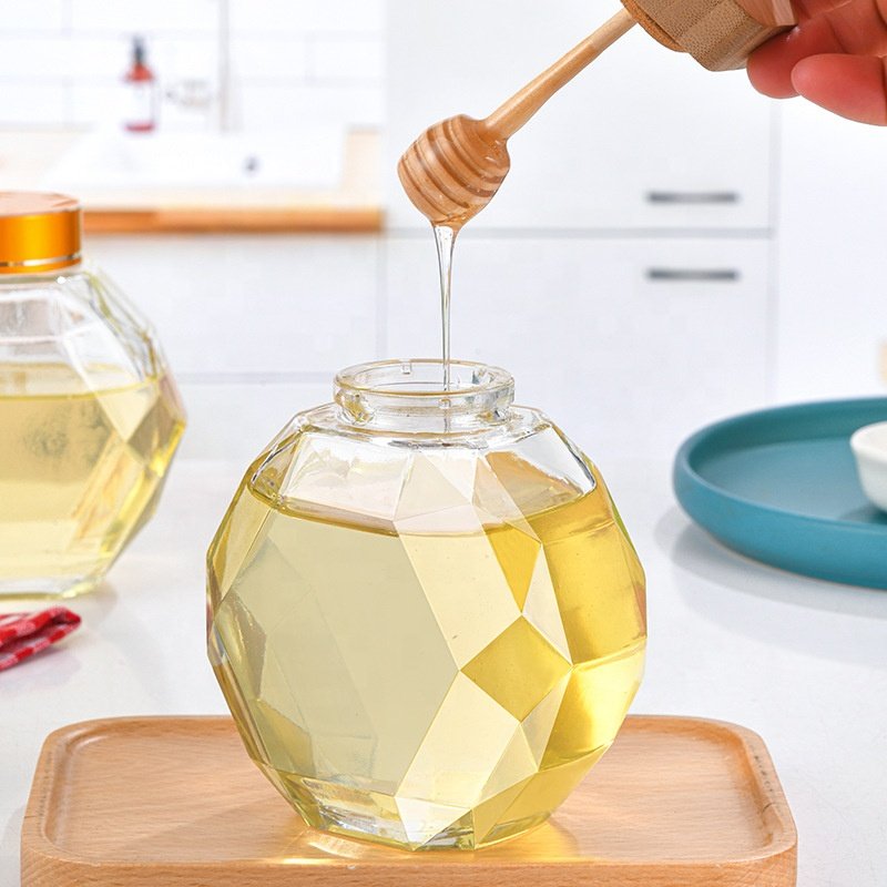 Glass Honey Jar Diamonds Hexagonal Container Pot Stick Spoon Packaging Bottle with Wooden Unique Design 200 ML Kitchen Wedding
