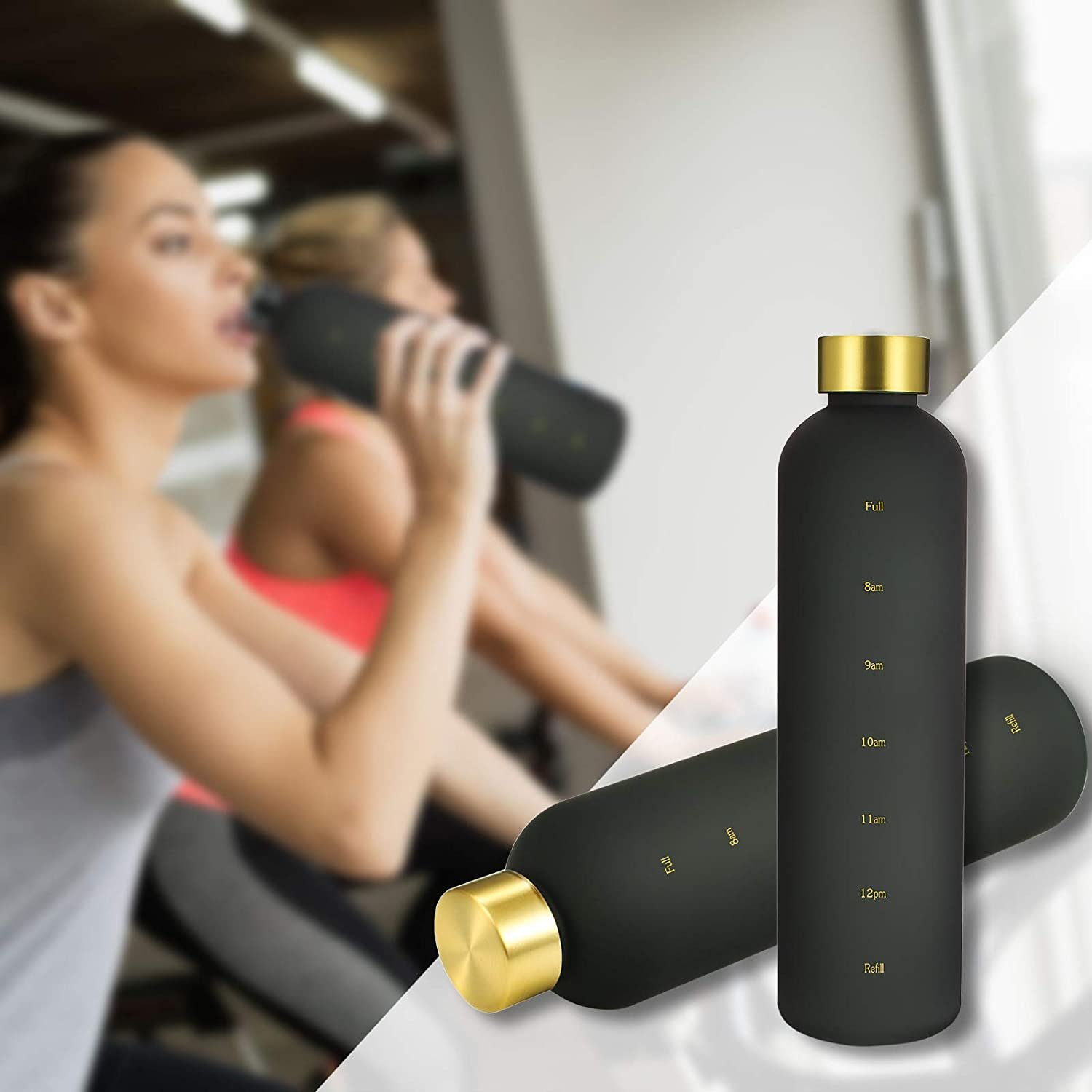Water Bottle With Time Marker 32oz 1 Liter, BPA Free Glass, Reusable Water Bottle,Leakproof, Durable