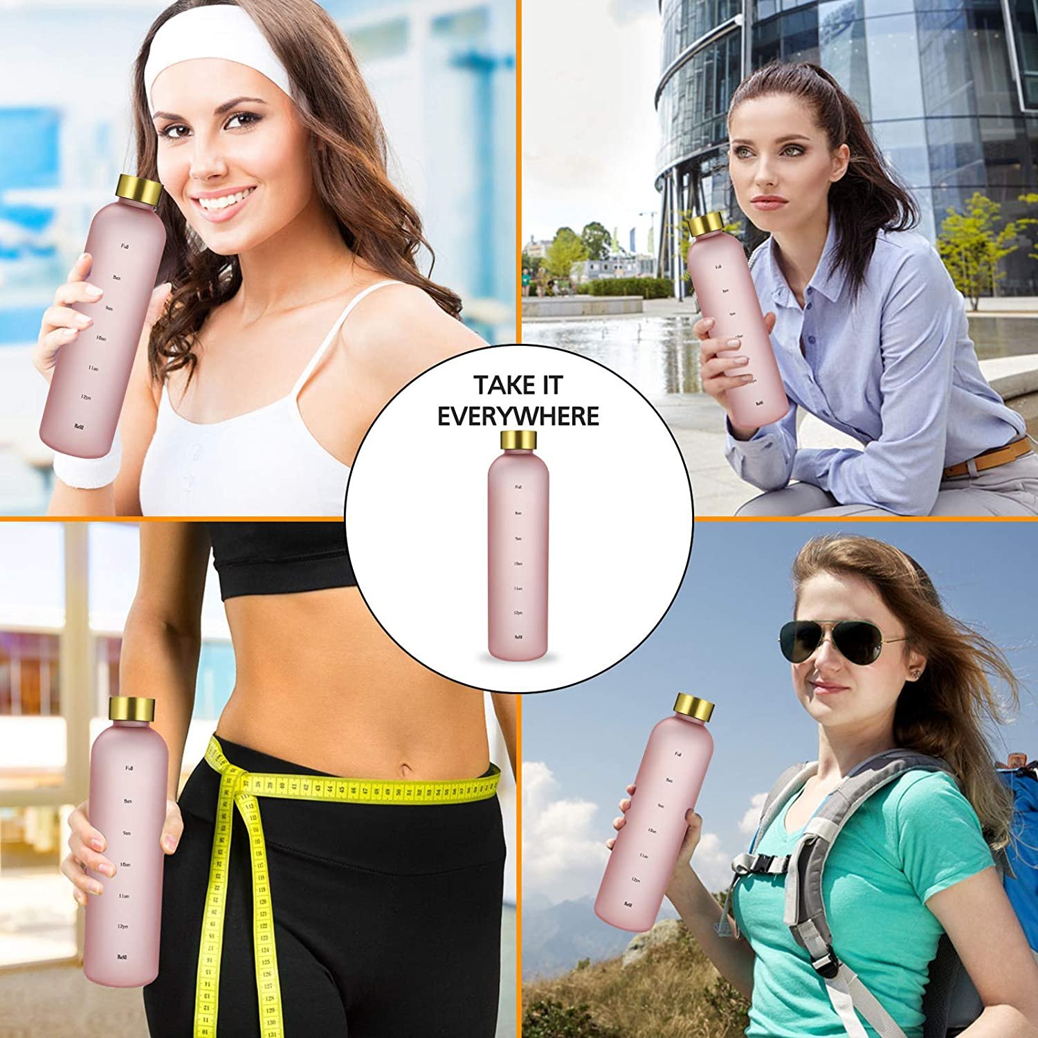 Water Bottle With Time Marker 32oz 1 Liter, BPA Free Glass, Reusable Water Bottle,Leakproof, Durable