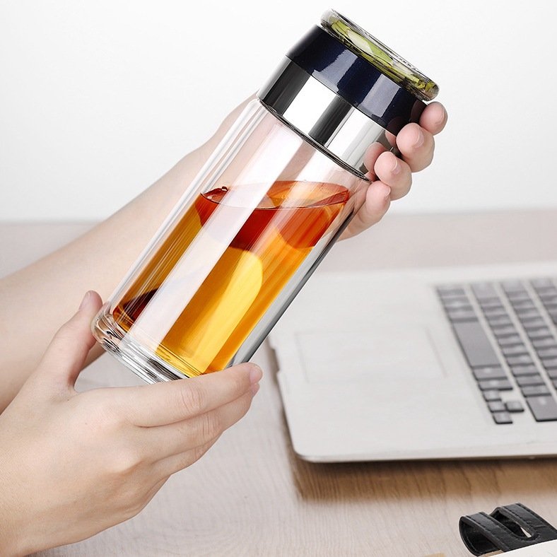 Top quality custom portable double wall clear drinking cup borosilicate recycled tea glass bottle infuser