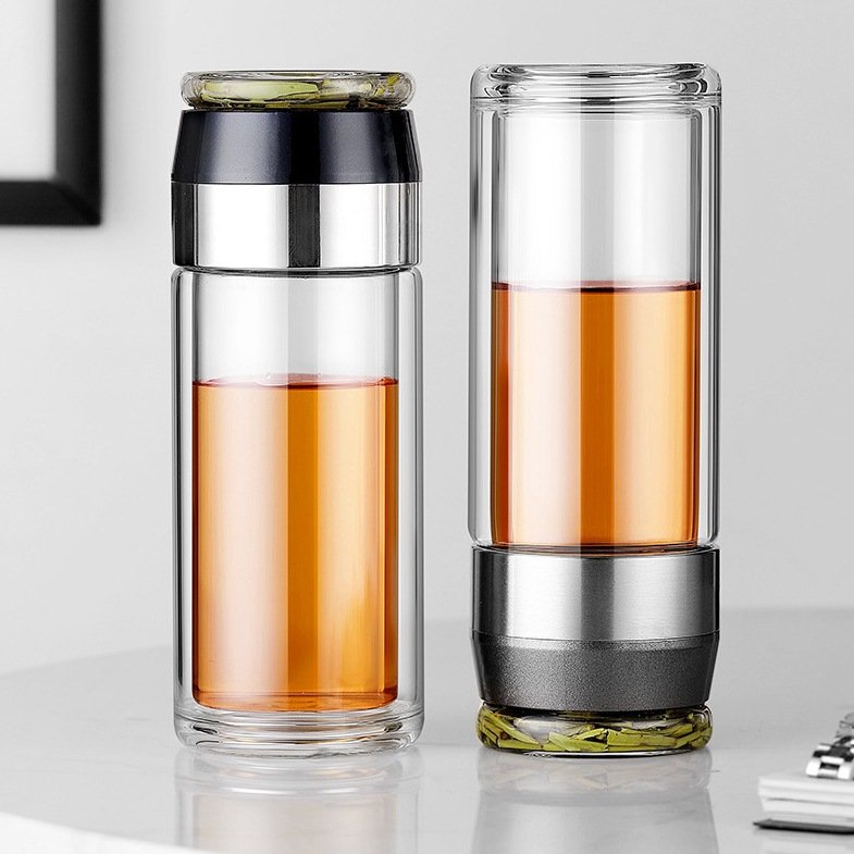 Top quality custom portable double wall clear drinking cup borosilicate recycled tea glass bottle infuser