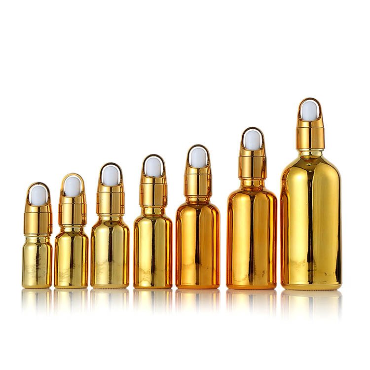 Wholesale Cosmetic Packaging 50ml 100ml Collar Golden Electroplated Gold Serum Essential Oil Glass Dropper Bottle