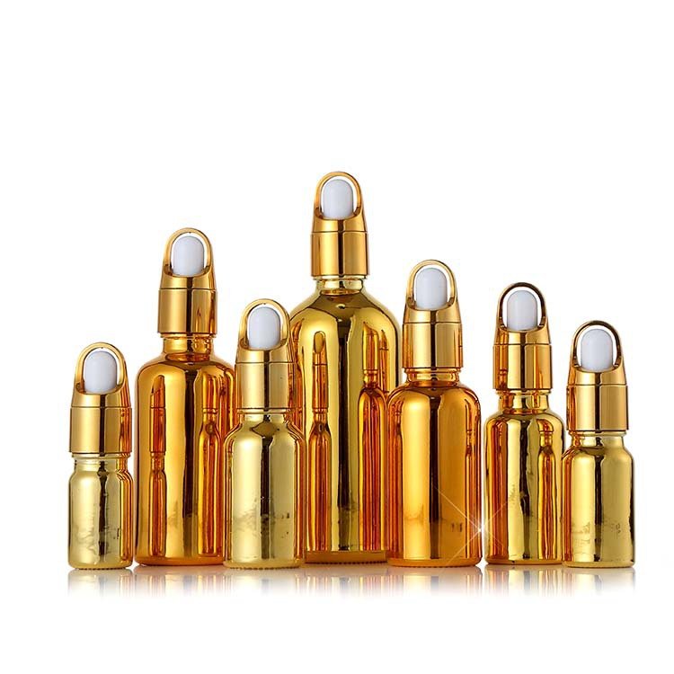 Wholesale Cosmetic Packaging 50ml 100ml Collar Golden Electroplated Gold Serum Essential Oil Glass Dropper Bottle
