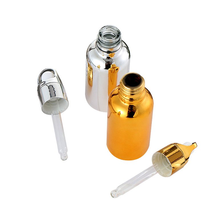 Wholesale Cosmetic Packaging 50ml 100ml Collar Golden Electroplated Gold Serum Essential Oil Glass Dropper Bottle