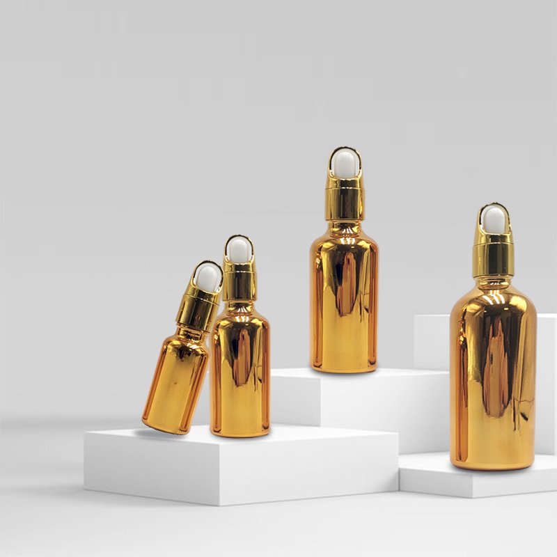 Wholesale Cosmetic Packaging 50ml 100ml Collar Golden Electroplated Gold Serum Essential Oil Glass Dropper Bottle