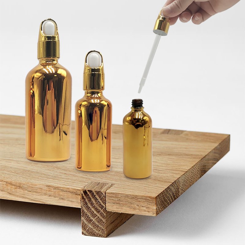 Wholesale Cosmetic Packaging 50ml 100ml Collar Golden Electroplated Gold Serum Essential Oil Glass Dropper Bottle