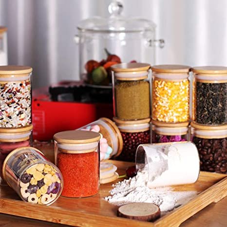 6.5cm 12pcs Set High Airtight Kitchen Food Storage Container Glass Spice Jar With Bamboo Lids