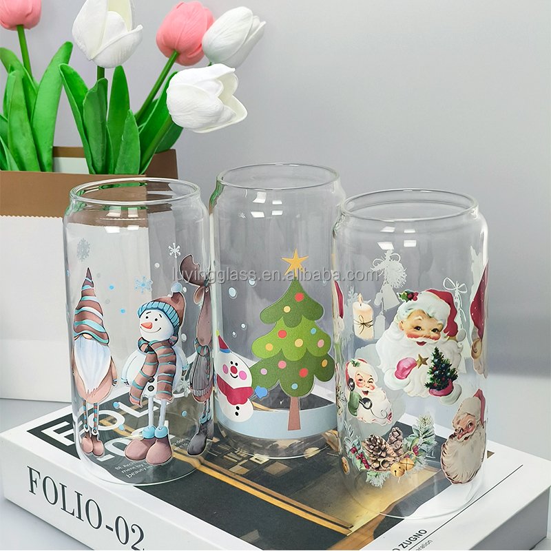 Wholesale Price Waterproof Santa Claus Stickers Christmas Borosilicate Glass Can Soda Cup with Bamboo Lid