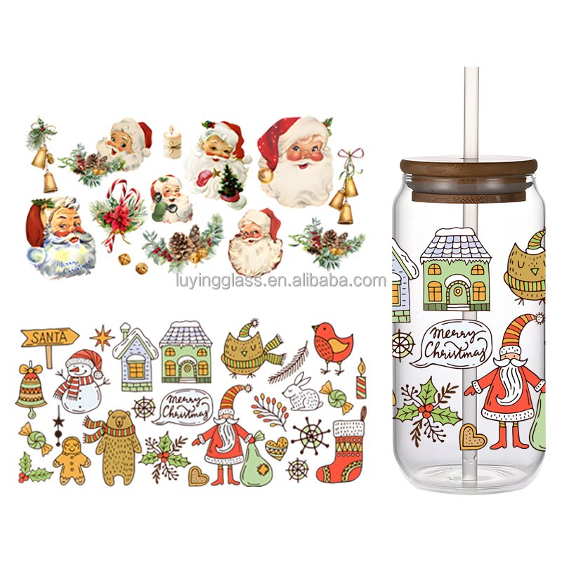 Wholesale Price Waterproof Santa Claus Stickers Christmas Borosilicate Glass Can Soda Cup with Bamboo Lid