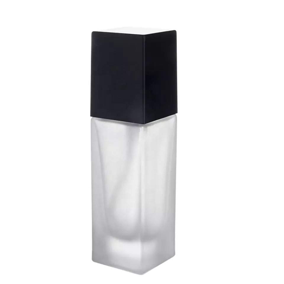 Berlin Packaging Liquid Foundation Essence Pump Lotion Cosmetic Small Bottle White Square 25ml Frosted Skincare Glass Bottles