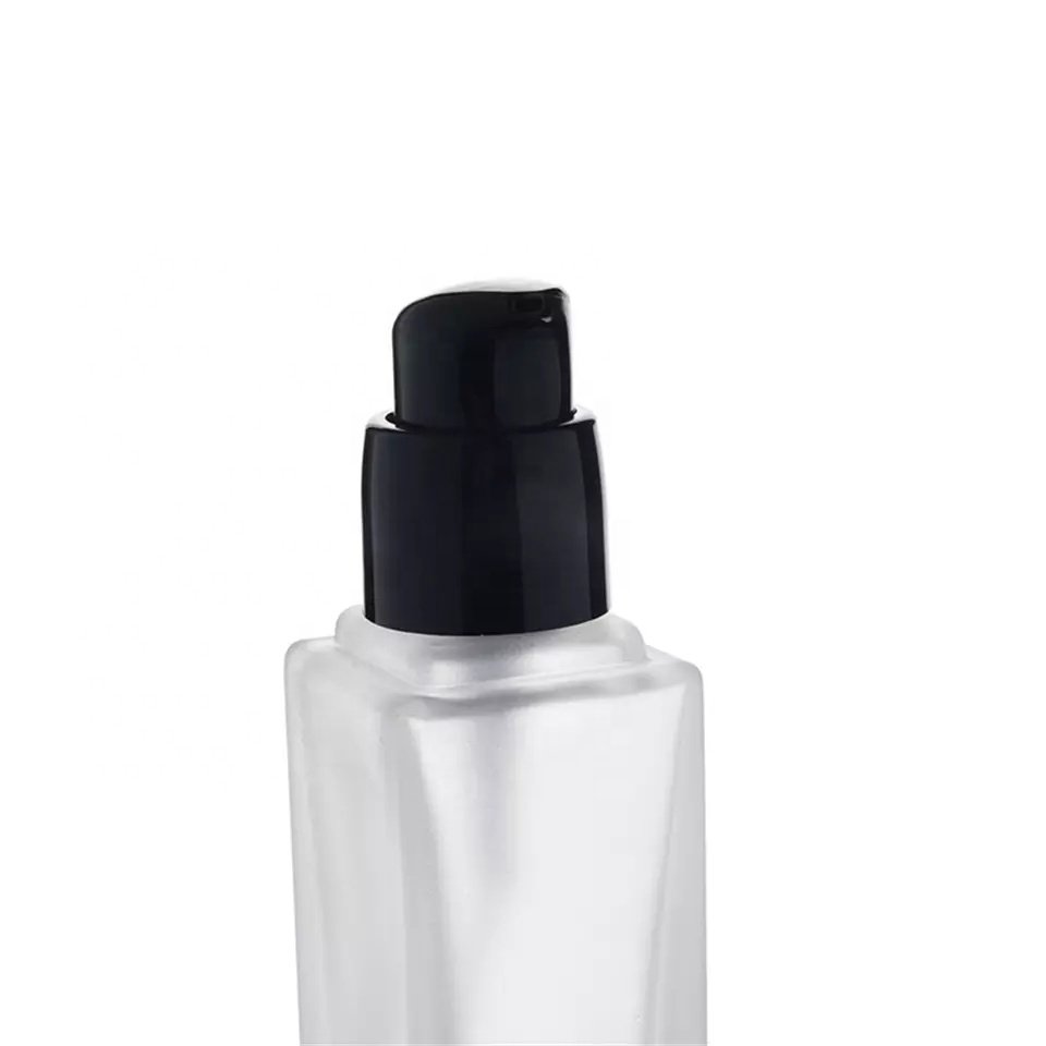 Berlin Packaging Liquid Foundation Essence Pump Lotion Cosmetic Small Bottle White Square 25ml Frosted Skincare Glass Bottles