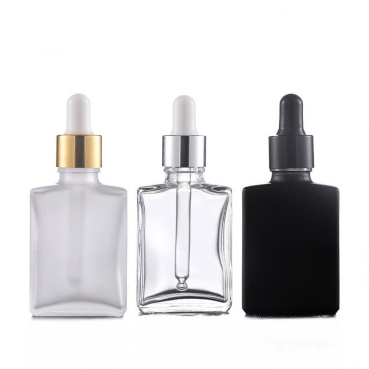 refillable 30ml 50ml square frosted glass dropper bottle with pipette for essential oil