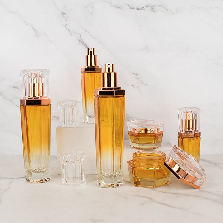 Hexagon yellow glass perfume spray bottle containers cylinder thick bottom glass bottle cream jar