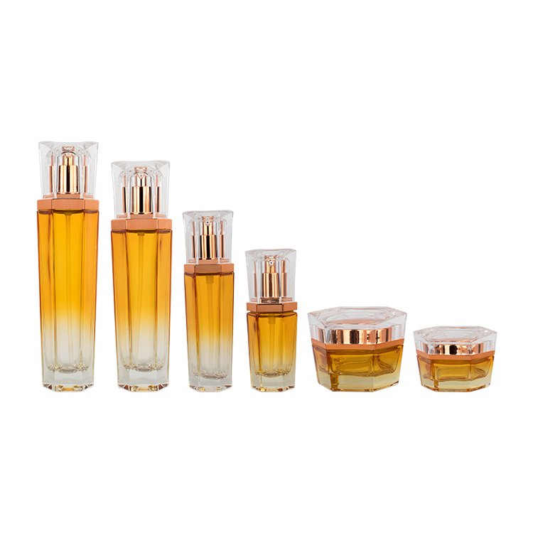 Hexagon yellow glass perfume spray bottle containers cylinder thick bottom glass bottle cream jar