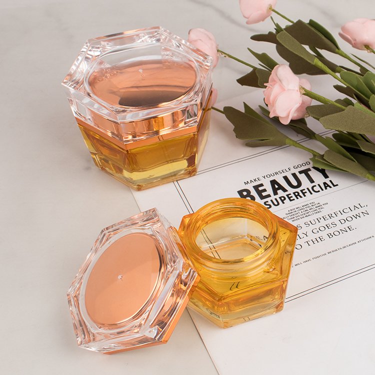 Hexagon yellow glass perfume spray bottle containers cylinder thick bottom glass bottle cream jar