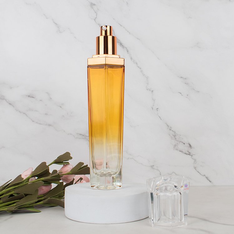 Hexagon yellow glass perfume spray bottle containers cylinder thick bottom glass bottle cream jar