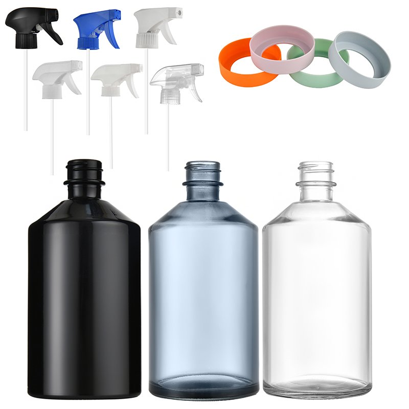 Refillable 16oz Empty Clear Blue Frosted Black Glass Boston Cleaning Spray Bottle With Trigger Sprayer