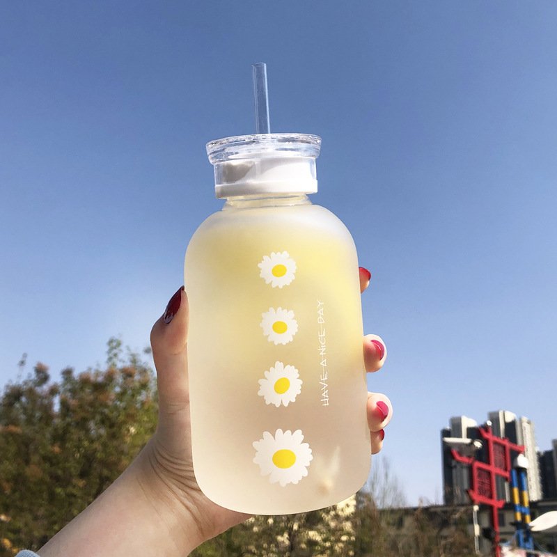 Hot Selling Luxury Nice Floral Daisy Clear Frosted Borosilicate Crystal Glass Narrow Mouth Straw Water Bottle with 2 lids
