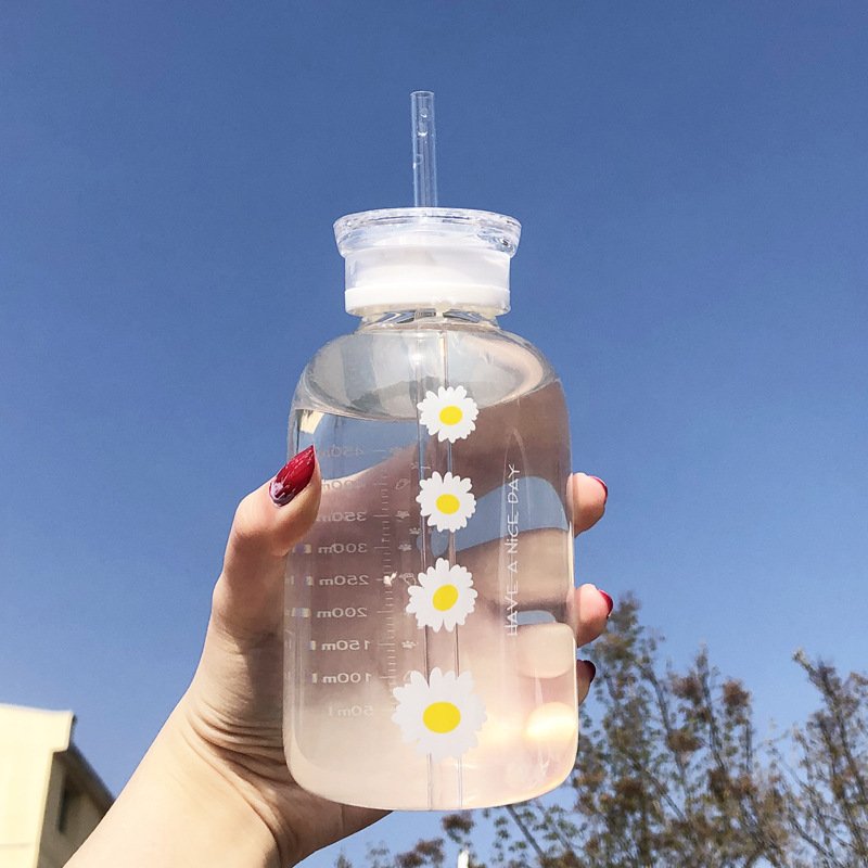 Hot Selling Luxury Nice Floral Daisy Clear Frosted Borosilicate Crystal Glass Narrow Mouth Straw Water Bottle with 2 lids