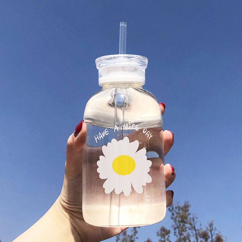 Hot Selling Luxury Nice Floral Daisy Clear Frosted Borosilicate Crystal Glass Narrow Mouth Straw Water Bottle with 2 lids