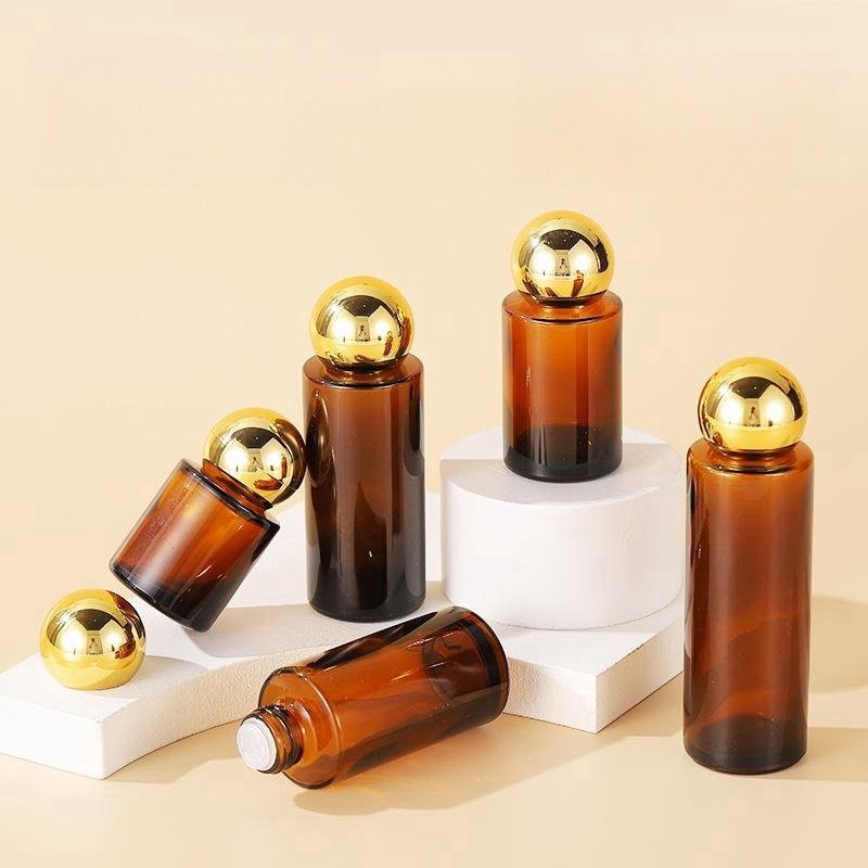 New style Spot goods 20-150ml amber flat shoulder transparent matte Makeup Remover Water Spherical lid toner glass bottle
