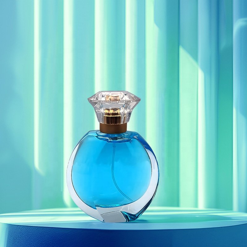 Wholesale Luxury Recyclable Custom Flat Round Shape Clear Empty Glass Perfume Spray Atomizer Bottle 50ml