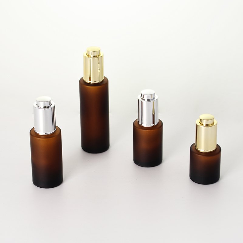 20ml 30ml 40ml 60ml New frosted amber flat shoulder glass bottle with shiny button dropper for serum