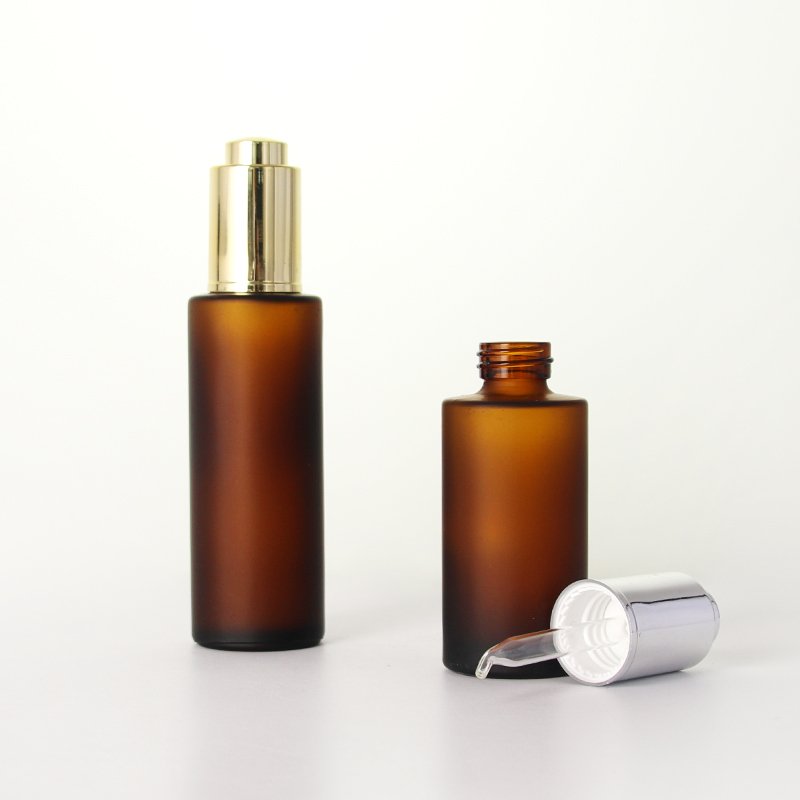 20ml 30ml 40ml 60ml New frosted amber flat shoulder glass bottle with shiny button dropper for serum